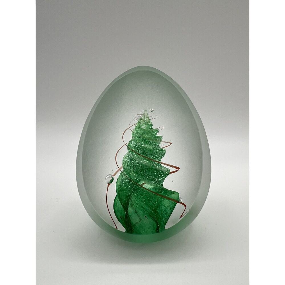 LEIXUS Egg Shaped 3.5” Paperweight w Green Swirl Tree Design Signed